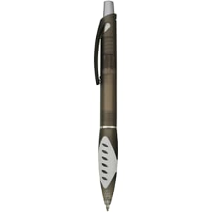 A plastic pen in dark grey with a white grip and a silver clip. The pen features a logo.