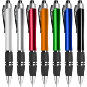 A set of plastic pens in silver, red, orange, green, blue, and black, featuring black grips and a logo.