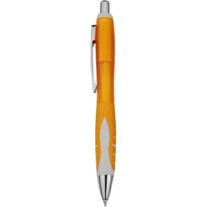 An orange plastic pen with a white grip and silver clip, featuring a rounded design and a metal tip.