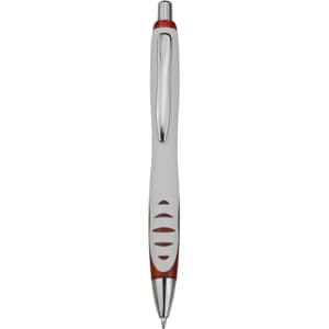 A plastic pen featuring a white and red design with a chrome clip and accents. It includes a logo.