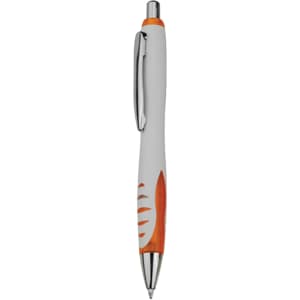 A plastic pen in white with orange accents and a silver clip. It features a logo on its body.