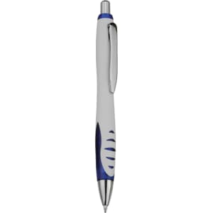 A plastic pen in white and blue, featuring a sleek design and a branding logo.