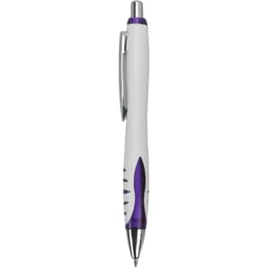 A plastic pen with a white barrel and purple accents, featuring a silver clip and a logo.