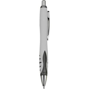 A plastic pen in white and grey with a silver clip and a logo on the side.