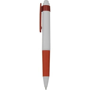 A plastic pen in white with orange accents and a clip, featuring a logo on the barrel.