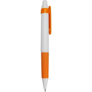 A plastic pen with a white and orange design, featuring a clip and a silver tip. It has a logo on the barrel.