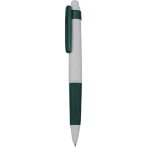 A green and white plastic pen with a clip and a rounded tip. The pen features a logo on its body.