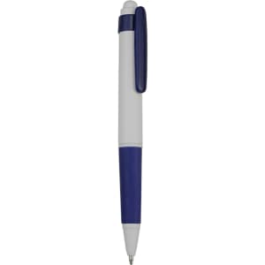 A plastic pen in white and blue featuring a clip and a branding logo.