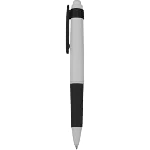 A plastic pen featuring a white barrel and a black grip, with a clip and a logo.