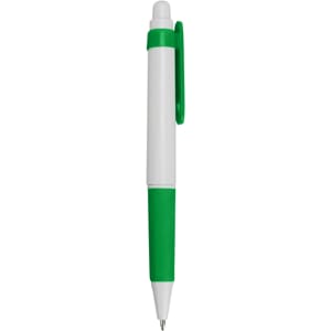 A plastic pen with a white body and green accents, featuring a clip for easy attachment.