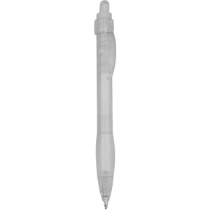 A transparent plastic pen with a clear barrel and rubber grip, featuring a click mechanism and a ballpoint tip.
