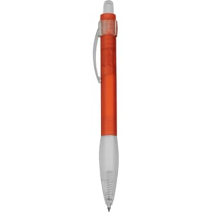 An orange and white plastic pen with a transparent section and a clip, featuring a branding logo.