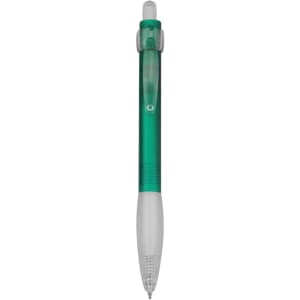 A green plastic pen with a clear barrel and a white grip section. The pen has a push-button mechanism and a branding logo.