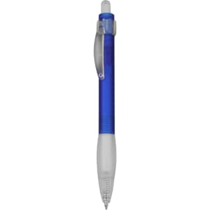 A blue pen with a clear barrel and white grip, featuring a clip and a logo.