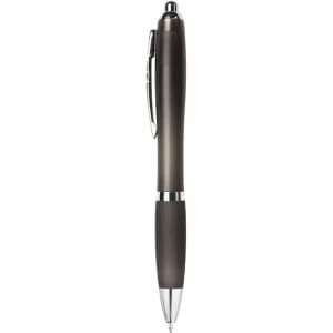 A dark grey plastic pen with silver accents, featuring a smooth grip and a logo on the side.