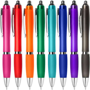 A collection of eight plastic pens in pink, red, orange, green, blue, purple, and black, each with a silver accent and branding.