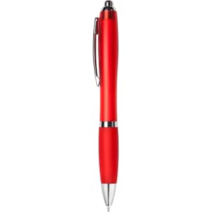 A red plastic pen with a chrome accent and a clip, designed for writing.