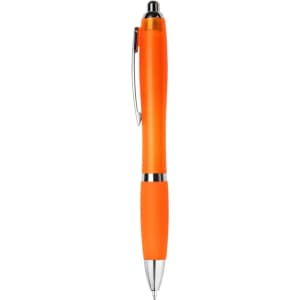 An orange plastic pen with a silver clip and tip, featuring a sleek matte finish. Includes branding on the body.