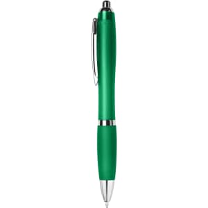 A plastic pen in vibrant green with a silver clip and accents. The pen features a smooth grip.