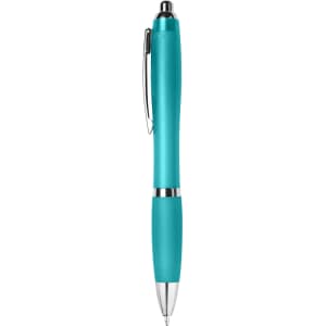 A turquoise plastic pen with a silver accent and a clip. It has a sleek design and a branded logo.