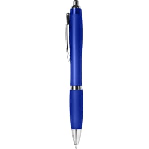 A blue plastic pen with a shiny clip and silver accents. The pen has a smooth, ergonomic grip.