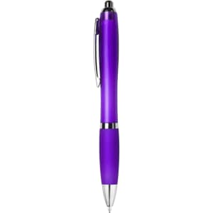 A plastic pen in a vibrant purple colour with chrome accents and a clip. It features a sleek design.