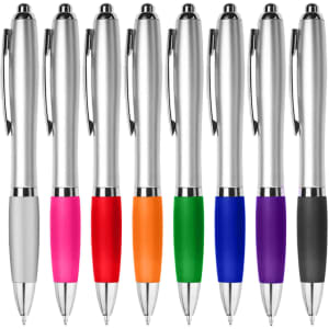 A set of plastic pens in various colours, including pink, orange, green, blue, and purple, with silver accents and a logo.