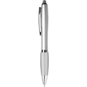 A silver plastic pen with a shiny finish and a white grip, featuring a clip and a branding logo.