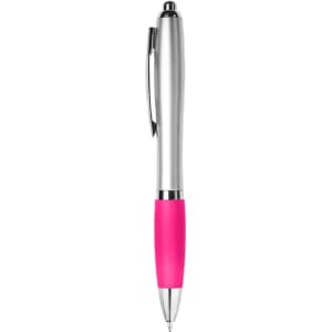 A pink and silver plastic pen with a smooth grip and a metal clip. The pen features a branding logo.