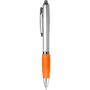 A plastic pen featuring a silver barrel and an orange grip, with a clip and branding detail.