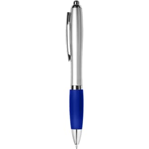 A silver and blue plastic pen with a smooth barrel and clip. It features a logo on the barrel.