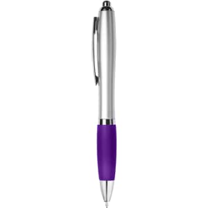 A plastic pen with a silver barrel and a purple rubber grip, featuring a clip and a logo.