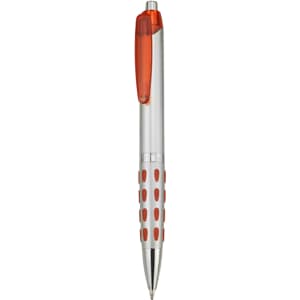 A plastic pen with a silver body and orange accents, featuring a grip with raised dots and a clip.