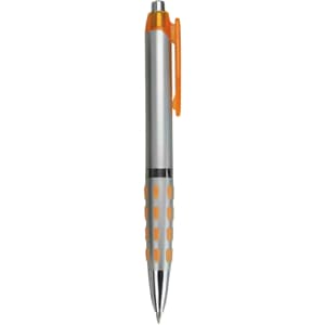 A plastic pen with a silver barrel, orange accents, and a grip featuring raised dots. It has a clip for attachment.