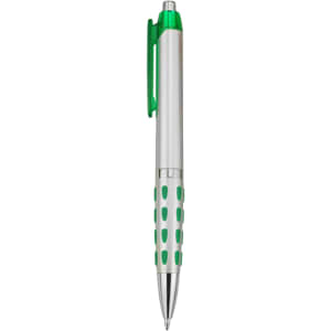A plastic pen with a silver body, green accents, and a grip featuring white polka dots. It has a clip and a logo.