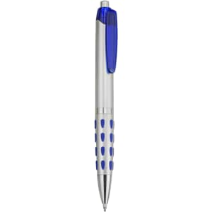 A plastic pen featuring a silver barrel with blue accents and dotted grip. It includes a branding logo.