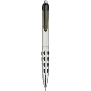 A silver plastic pen with a black grip and a logo on the barrel.