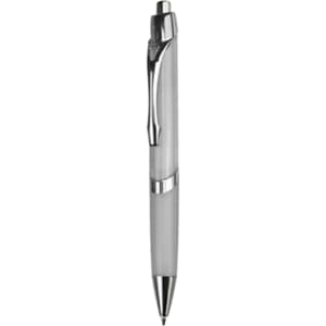 A plastic pen in grey with a silver clip and accents. Features a logo on the barrel.