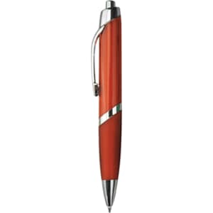 A plastic pen in a vibrant red colour with silver accents and a clip design. It features a logo on the barrel.