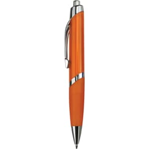 An orange plastic pen with a silver clip and detailing. It features a polished finish.