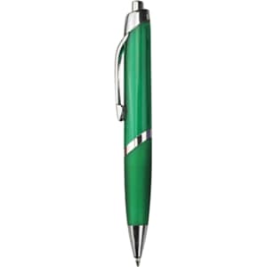 A green plastic pen with a chrome clip and silver accents, featuring a logo on its body.