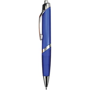 A blue plastic pen with a silver clip and trim, featuring a sleek design. It has a branding logo on the barrel.