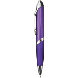 A purple plastic pen with a silver clip and detailing, featuring a logo on its body.