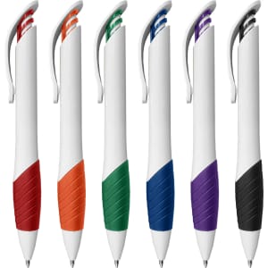 A selection of six plastic pens featuring white barrels with coloured grips: red, orange, green, blue, purple, and black.