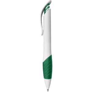 A plastic pen featuring a white barrel and a green grip, with a clip and a logo.