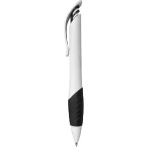 A plastic pen in white with a black grip. The pen features a clip and has a logo.