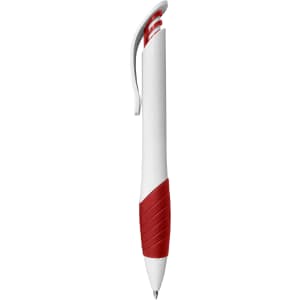 A plastic pen in white with a red grip and a clip, featuring a logo on its side.