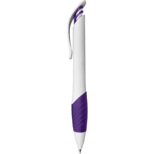 A plastic pen featuring a white body with purple accents and a grip. It includes a clip for easy attachment.