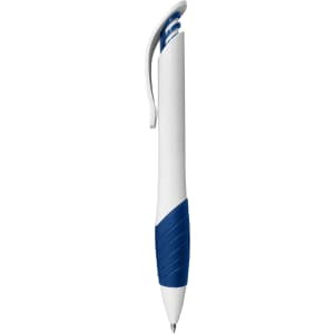 A plastic pen featuring a white barrel with a blue grip and clip, adorned with a logo.