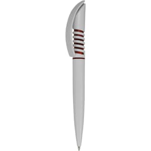 A plastic pen in white with a sleek design and brown accents, featuring a logo.